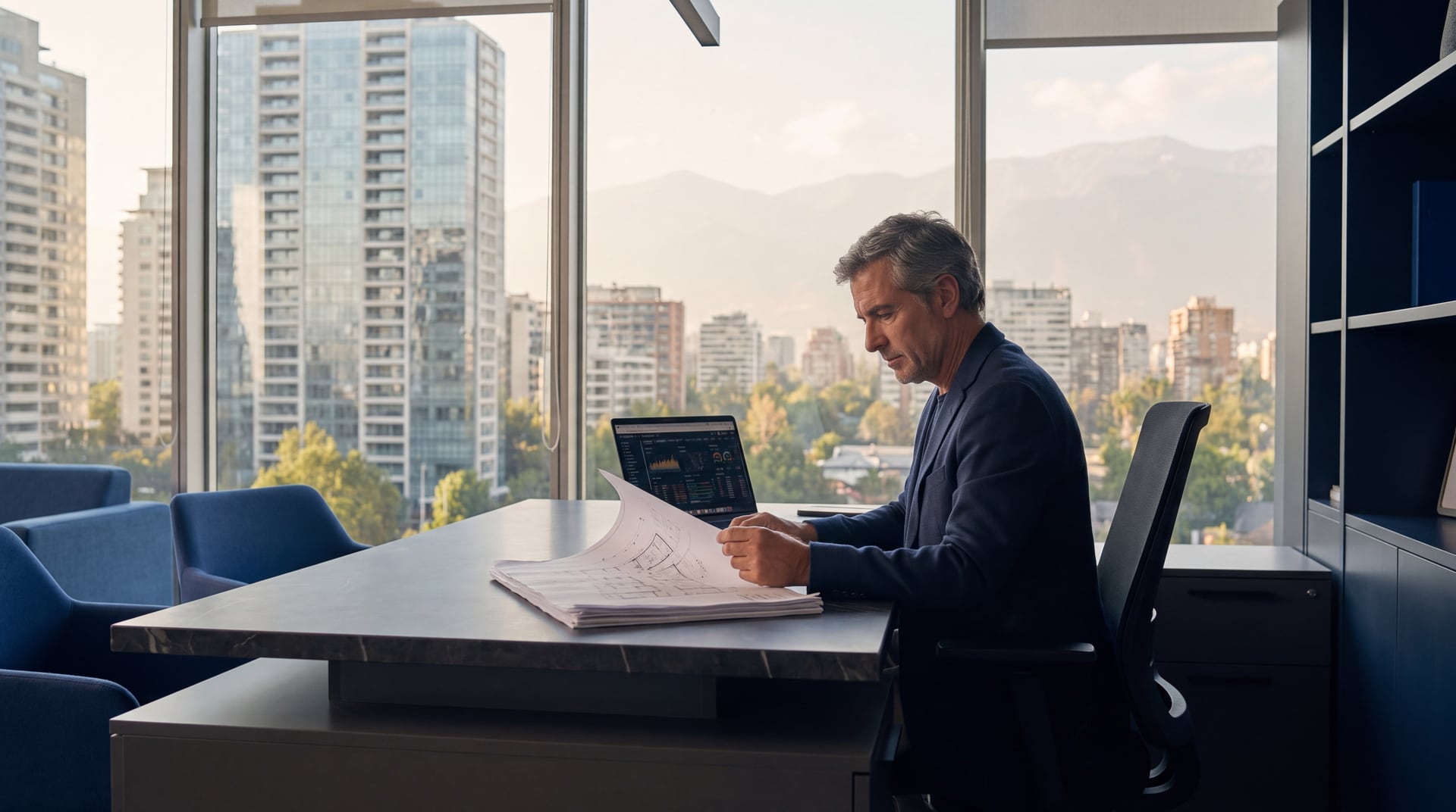 A property operations professional reviewing building records in Santiago with residential towers and the Andes beyond