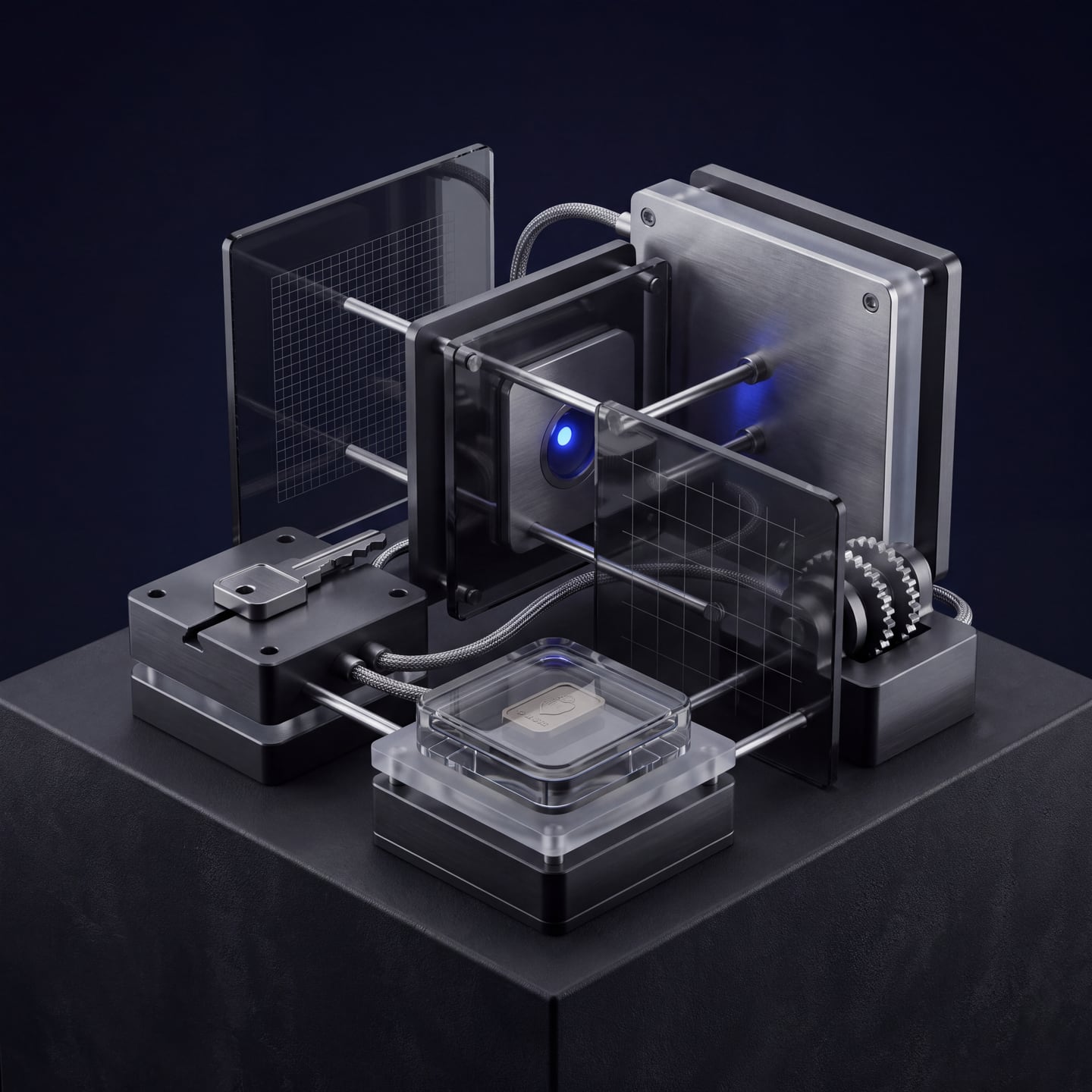 A modular precision system assembled from metal, glass, and interconnected operational components