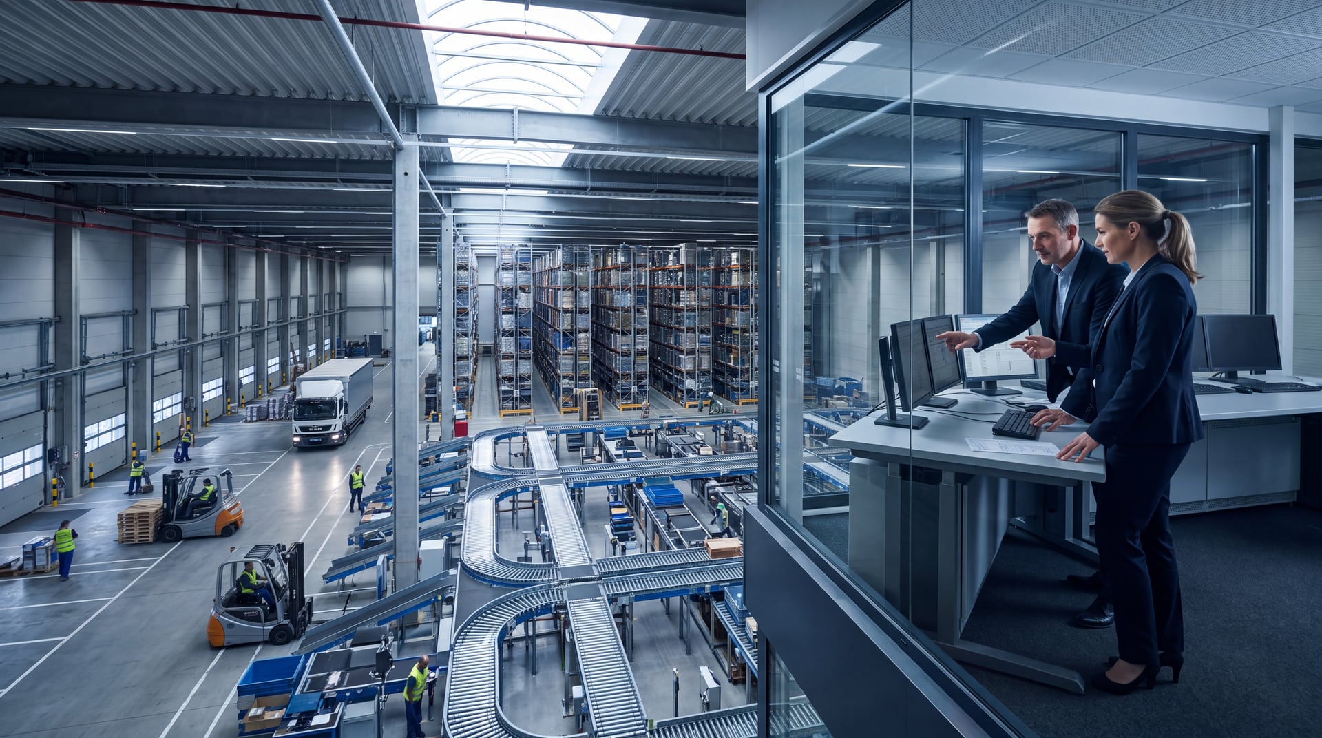 Operations leaders overseeing inventory flow and distribution activity from a logistics control level