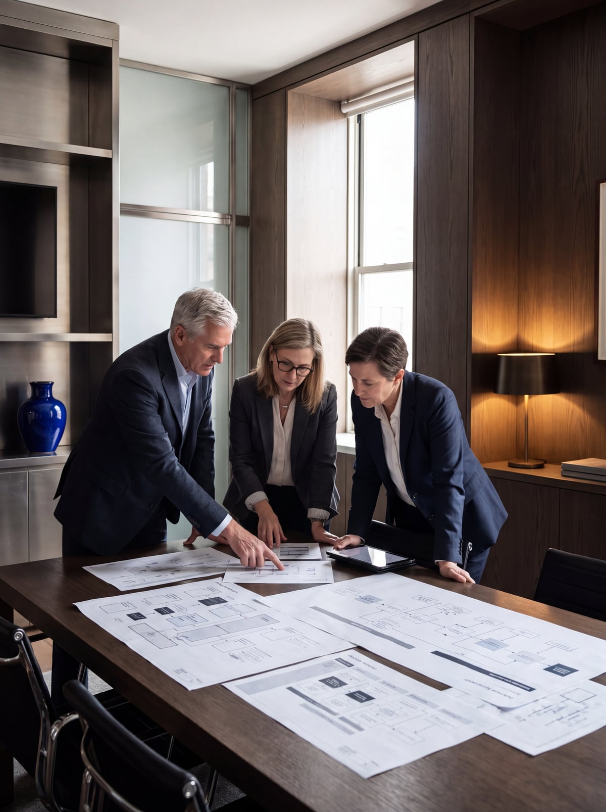 Senior operations specialists mapping workflows and decision points in a New York strategy studio