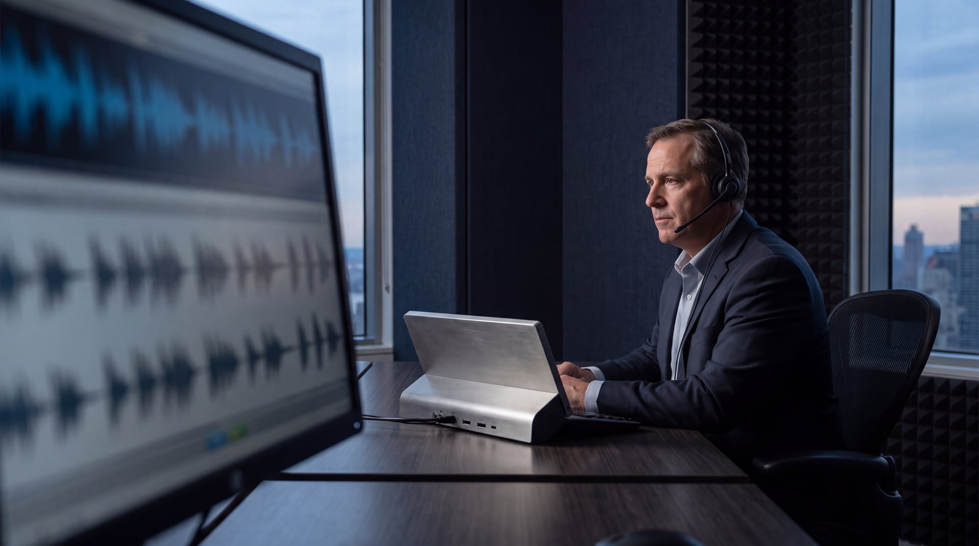 A voice operations supervisor handling a structured business interaction in an acoustically designed workspace